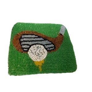 Vintage Handmade Beaded Golf Club Coin Purse Green Seed Bead Sport Change Pouch